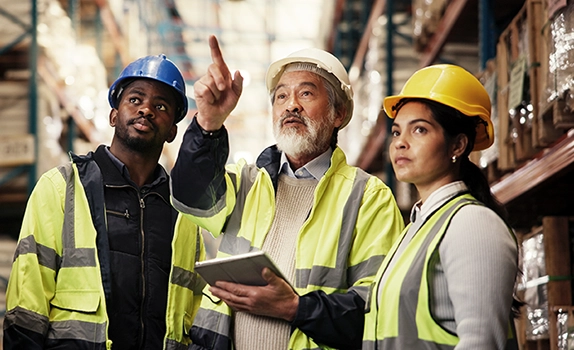 three colleagues in a warehouse